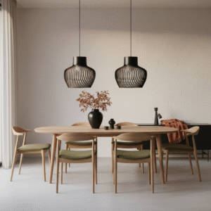 lampara de colgar en madera negra diseño escandinavo en comedor nórdico