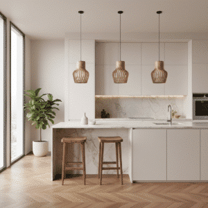 lampara de suspensión de madera sobre isla de cocina