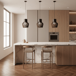 lamparas color negro en isla de cocina