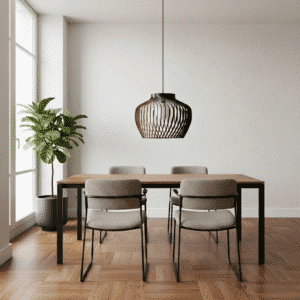 salon comedor con lampara en color negro de madera